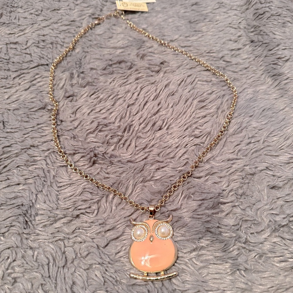 Amrita, Singh, NWT, pink owl, pearl eyes statement, necklace